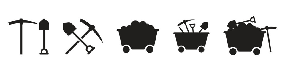 Mining tools and carts icons. Pickaxe, shovel, and mining cart symbols. Set for digging and resource extraction © dwiwahyu