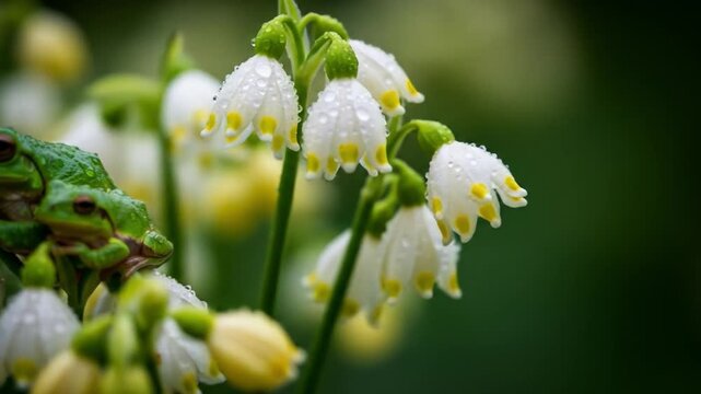 Two Australian Green Tree Frogs perched on Snowdrop Flowers with morning dew