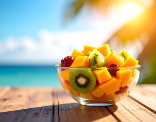 Fresh Tropical Fruit Salad in Glass Bowl on Wooden Table by Ocean