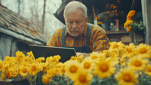 Elderly man working on a laptop surrounded by yellow flowers. - Powered by Adobe