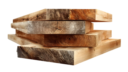 A stack of four wooden planks with visible wood grain and knots in a close up studio shot image