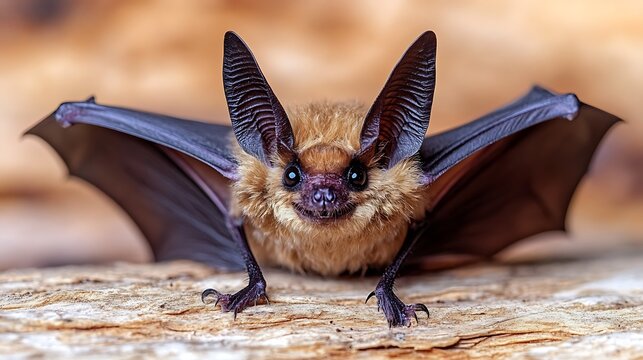 Close-up of a small bat with outstretched wings.