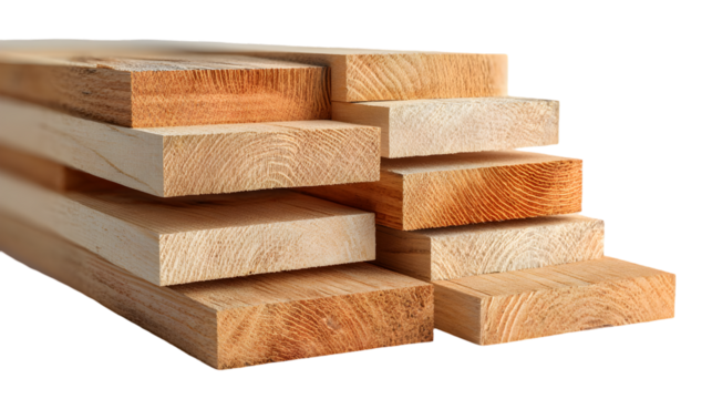 A stack of several pieces of light colored lumber showing the wood grain on the ends of the boards