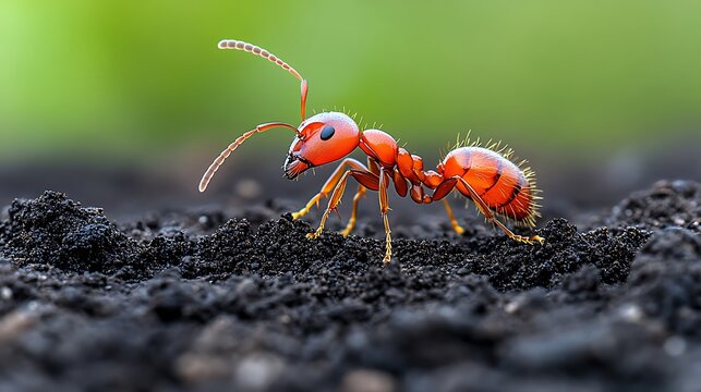 Close-up of a red ant on dark soil. - Powered by Adobe