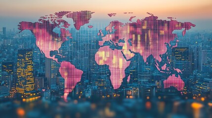 World map overlaid on a cityscape at twilight.