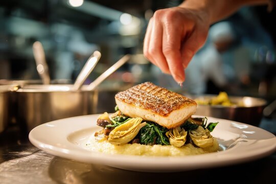 Chef adding herbs to fish dish in kitchen, background activity, for menu or blog