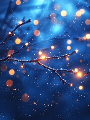 Enchanted Winter Night: Branch with Lights and Falling Snow