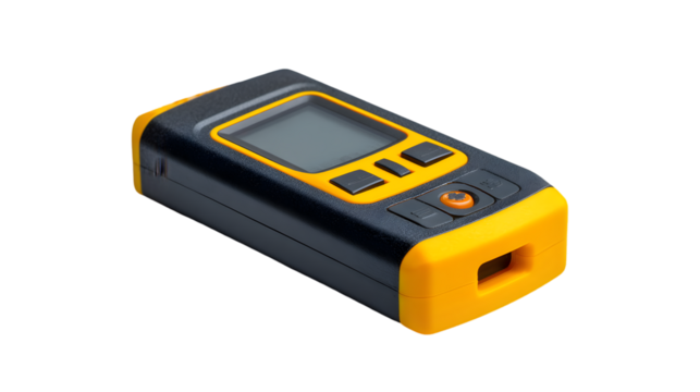 A close up of a black and yellow device with a screen and buttons on a black background