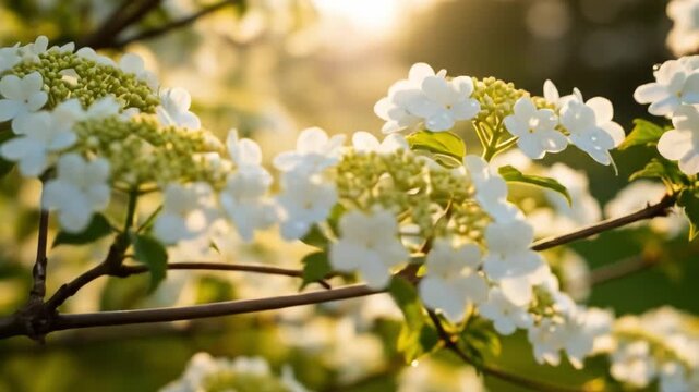Viburnum opulus Roseum blooming in the golden hour: close-up shot of white flowers