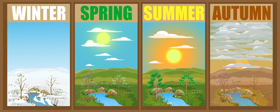 The view of a wild water source that offers all four seasons together