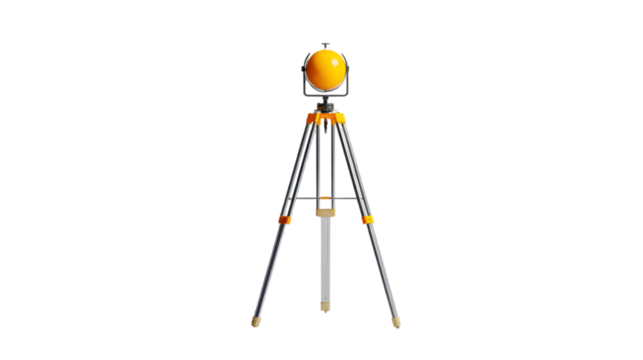 A tripod with a yellow sphere on top standing against a black background in a centered composition