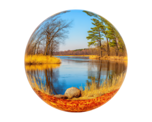 Scenic landscape glass ball reflection river autumn tree nature outdoor peaceful blue sky tranquil water yellow grass forest clear isolated round object