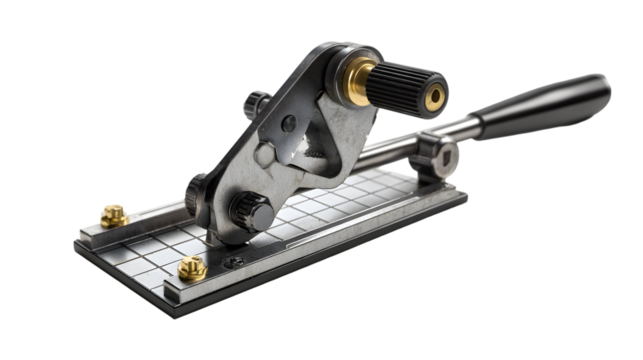 A metal tool with a handle and a roller on a grid patterned base against a black background studio shot