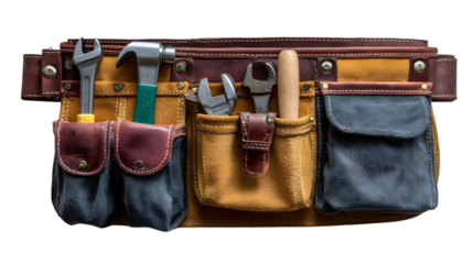 A close up of a leather tool belt with various tools inside of the pockets on a black background