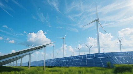 Solar panels and wind turbines represent renewable energy and sustainable power storage. 4k video - Powered by Adobe