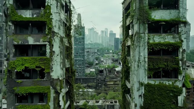 skyscrapers half-collapsed and covered in ivy, nature reclaiming broken windows and rooftops, moss and trees growing in glassless lobbies, cinematic drone shot