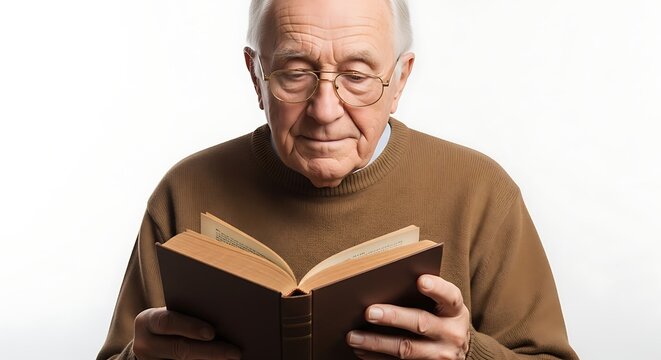 An elderly man absorbed in reading a book. 