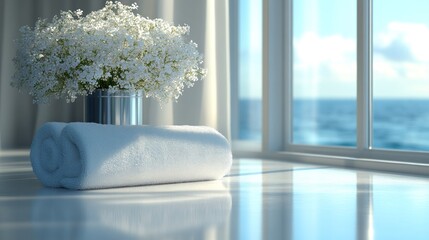 Serene Coastal Spa: White Towel and Flowers by the Ocean Window