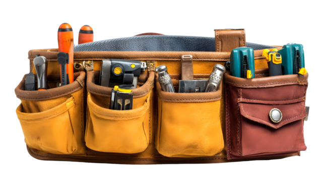 A close up of a tool belt filled with various tools and equipment for construction and repair work