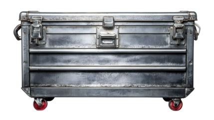 Close up of a metallic tool chest with red wheels and latches on a black background in studio shot