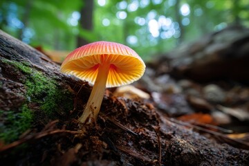 Mushroom on log, forest scene, Bokeh background. Usage Nature, Science, Recipes
