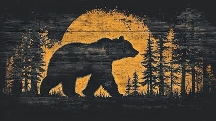 Majestic Bear Silhouette Against a Rustic Wooden Moon