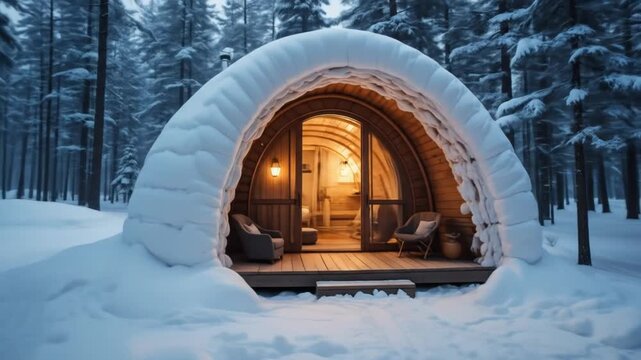 Snowy Forest With Glowing Igloo At Dusk Background. 4k video