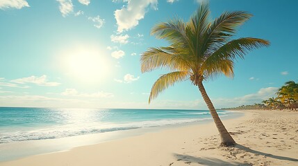 Obraz premium Sunny beach scene with a lone palm tree.