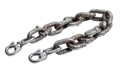 A close up view of a weathered metal chain with two clasp hooks against a black background studio shot