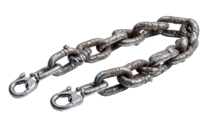 A close up view of a weathered metal chain with two clasp hooks against a black background studio shot