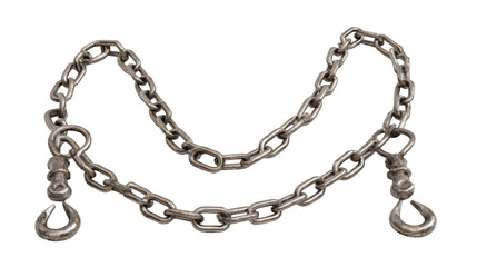 A close up of a silver metal chain with hooks on a black background in a studio setting style shot