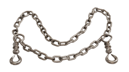 A close up of a silver metal chain with hooks on a black background in a studio setting style shot
