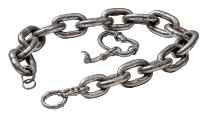 A close up shot of a metal chain with links and a clasp on a black background in a studio setting