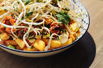 Delicious loaded fries with sprouts. Crispy potatoes topped with vegetables and sauces. Asian fusion street food served in a bowl. Tasty snack or fast food meal. Perfect for lunch or dinner ideas.