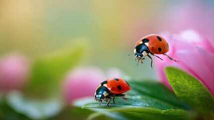 Obraz premium Two ladybugs in mid-flight, perched on a leaf.