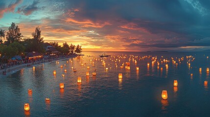 Sunset Serenity: Floating Lanterns Illuminate Tropical Beach