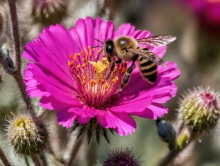 A bee sitting on a pink flower