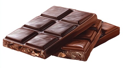 Two dark chocolate bars, one with visible nuts, rest atop each other, showcasing glossy surfaces and distinct segmentations against a stark white background