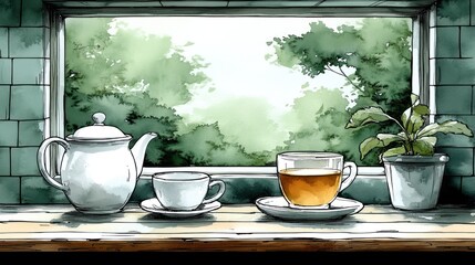 Tranquil Tea Time by the Window: A Watercolor Illustration