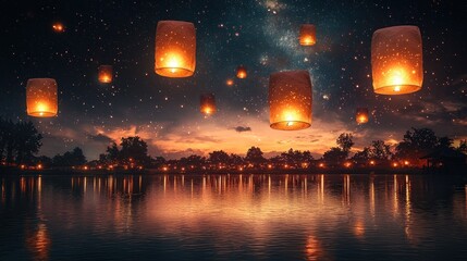 Magical Night: Sky Lanterns over Serene Lake