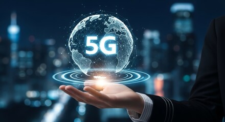 A businessman presents a glowing digital globe with 5g displayed, symbolizing global connectivity