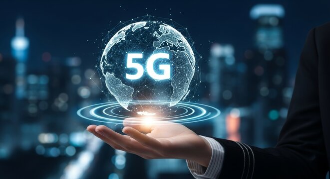 A businessman presents a glowing digital globe with 5g displayed, symbolizing global connectivity