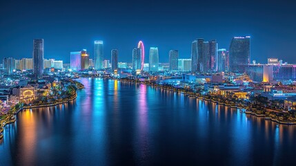 Night cityscape reflecting on calm water