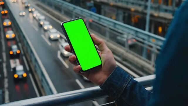 Hand Holding Smartphone with Green Screen Overlooking Urban Traffic from Above