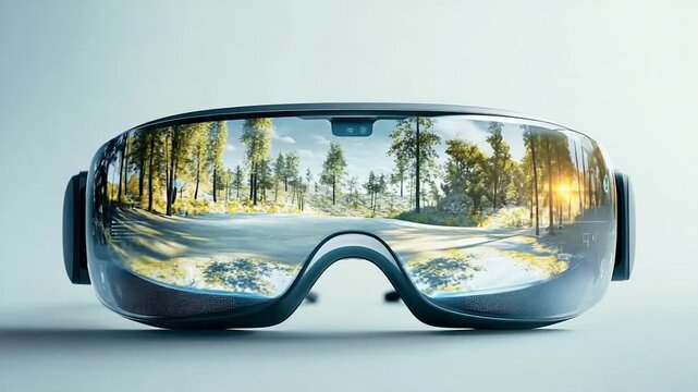 Reflections in Ski Goggles with Snowy Forest Scene Winter Sports and Adventure Gear