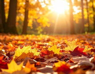 Golden Autumn: Sunlight Through Trees on a Leaf-Strewn Forest Floor
