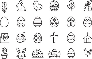 Fototapeta premium Easter icons featuring tulips rabbits chicks baskets eggs crosses churches and flowers holiday
