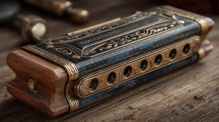 Antique Harmonica with Intricate Wooden and Brass Design