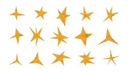 Gold grunge distressed star and sparkle shapes set. Textured hand drawn elements