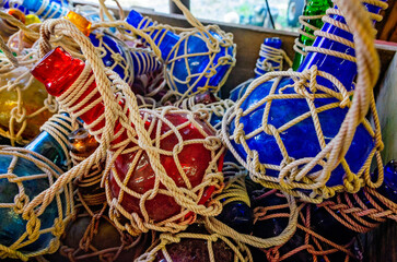 Glass onion pirates rum bottles in Apalachicola Florida, nautical background